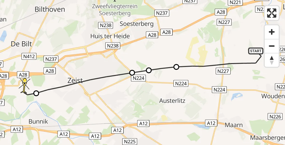 Routekaart van de vlucht: Lifeliner 1 naar Universitair Medisch Centrum Utrecht, UMC Ambulancetunnel