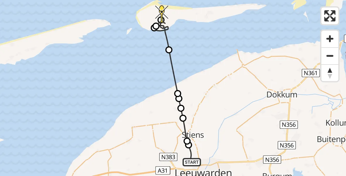 Routekaart van de vlucht: Ambulanceheli naar Ameland Airport Ballum, Strandweg