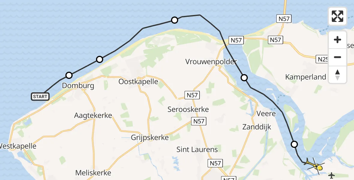 Routekaart van de vlucht: Kustwachthelikopter naar Vliegveld Midden-Zeeland, Lamsoor