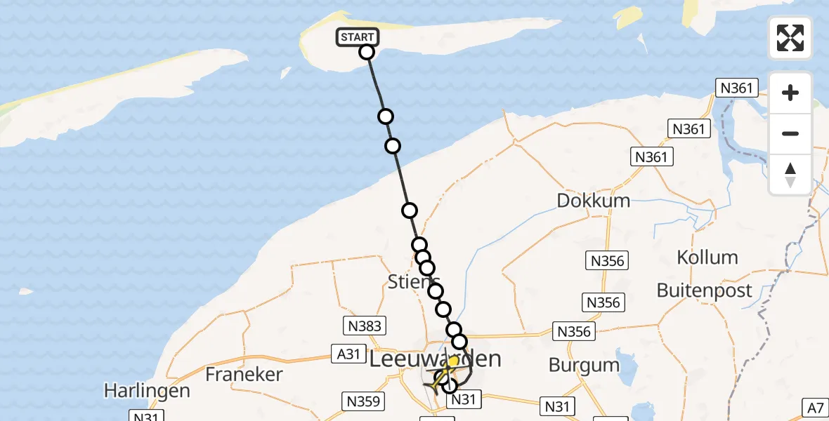 Routekaart van de vlucht: Ambulanceheli naar Leeuwarden, Aldlânsdyk