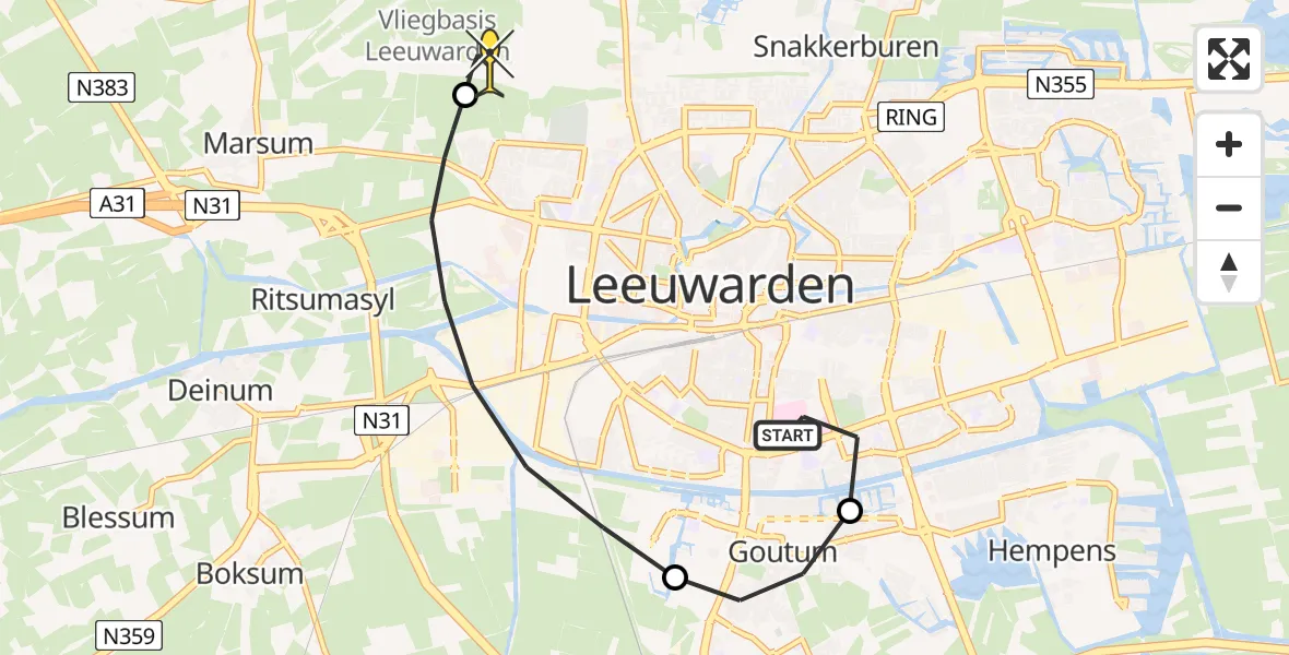Routekaart van de vlucht: Ambulanceheli naar Vliegbasis Leeuwarden, Keegsdijkje