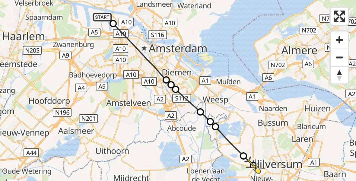 Routekaart van de vlucht: Lifeliner 1 naar 's-Graveland, Zuidereinde
