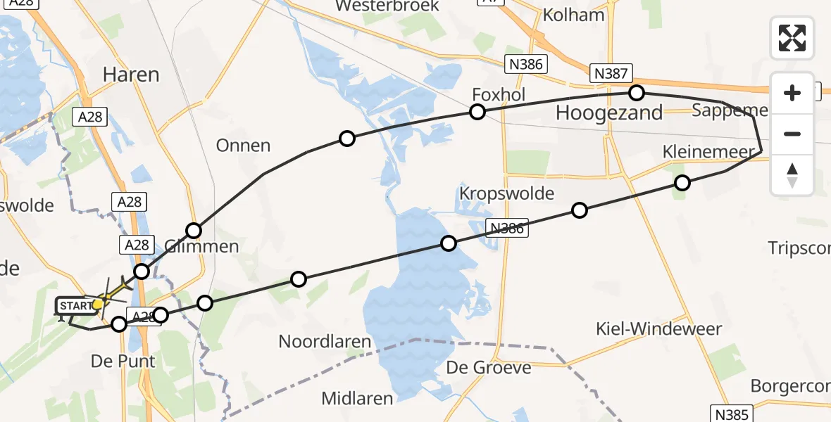 Routekaart van de vlucht: Lifeliner 4 naar Eelde, Burgemeester J.G. Legroweg