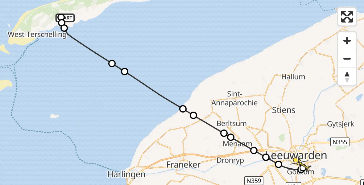 Routekaart van de vlucht: Ambulancehelikopter naar Leeuwarden, Aldlânsdyk