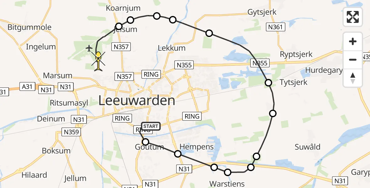 Routekaart van de vlucht: Ambulanceheli naar Vliegbasis Leeuwarden, Keegsdijkje