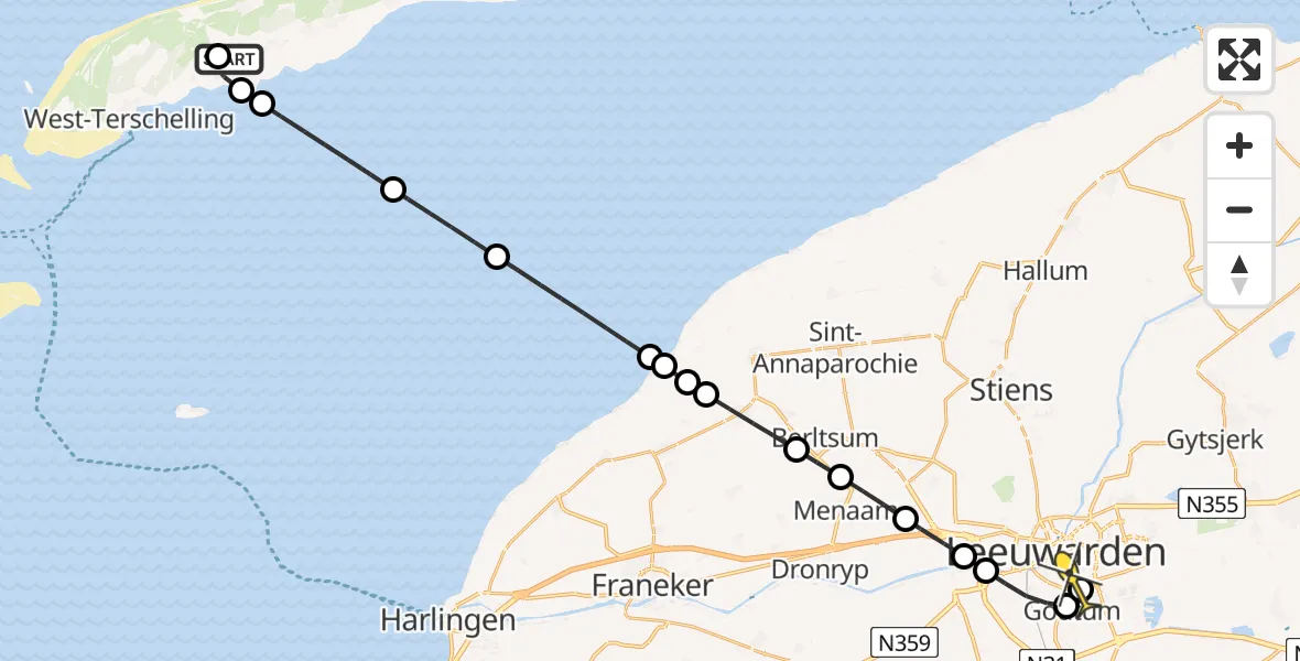 Routekaart van de vlucht: Ambulancehelikopter naar Leeuwarden, Aldlânsdyk
