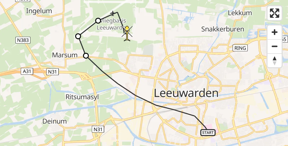 Routekaart van de vlucht: Ambulanceheli naar Vliegbasis Leeuwarden, Keegsdijkje
