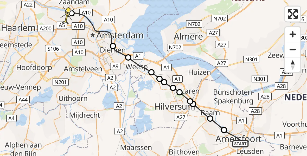 Routekaart van de vlucht: Lifeliner 1 naar Amsterdam Heliport, Hornweg