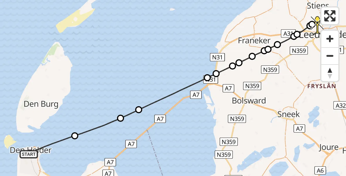 Routekaart van de vlucht: Ambulancehelikopter naar Vliegbasis Leeuwarden, Keegsdijkje