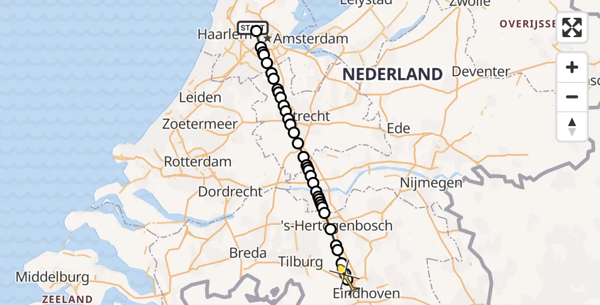 Routekaart van de vlucht: Lifeliner 1 naar Oirschot, Rijksweg A58