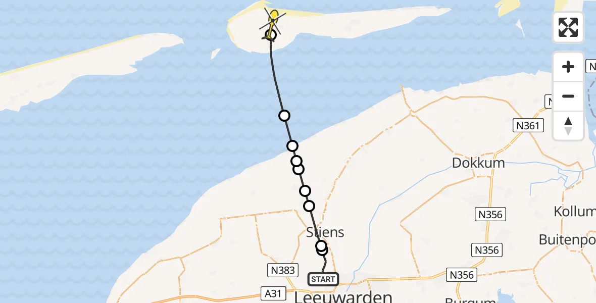 Routekaart van de vlucht: Ambulancehelikopter naar Ameland Airport Ballum, Strandweg