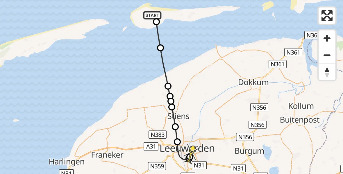 Routekaart van de vlucht: Ambulanceheli naar Leeuwarden, Aldlânsdyk