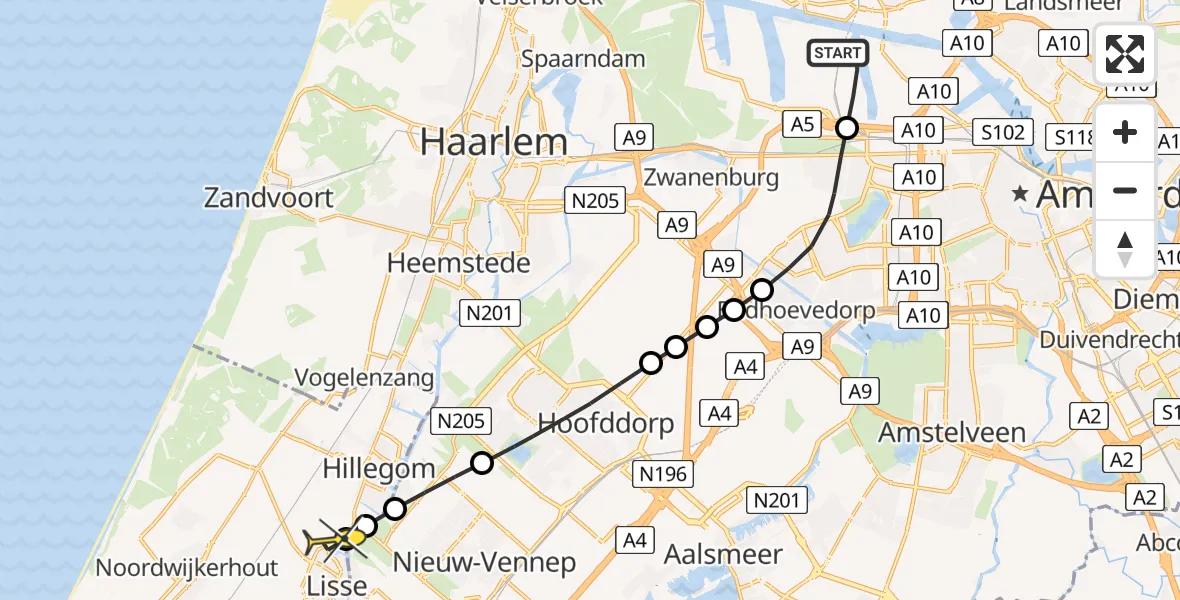 Routekaart van de vlucht: Lifeliner 1 naar Lisse, Heereweg
