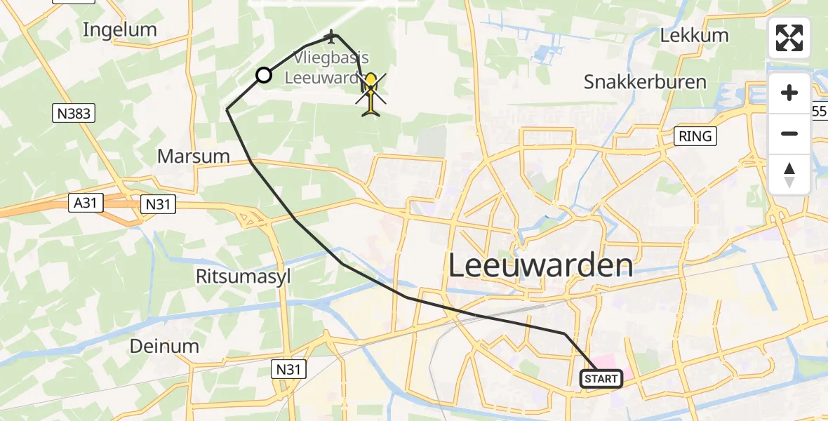 Routekaart van de vlucht: Ambulancehelikopter naar Vliegbasis Leeuwarden, Keegsdijkje
