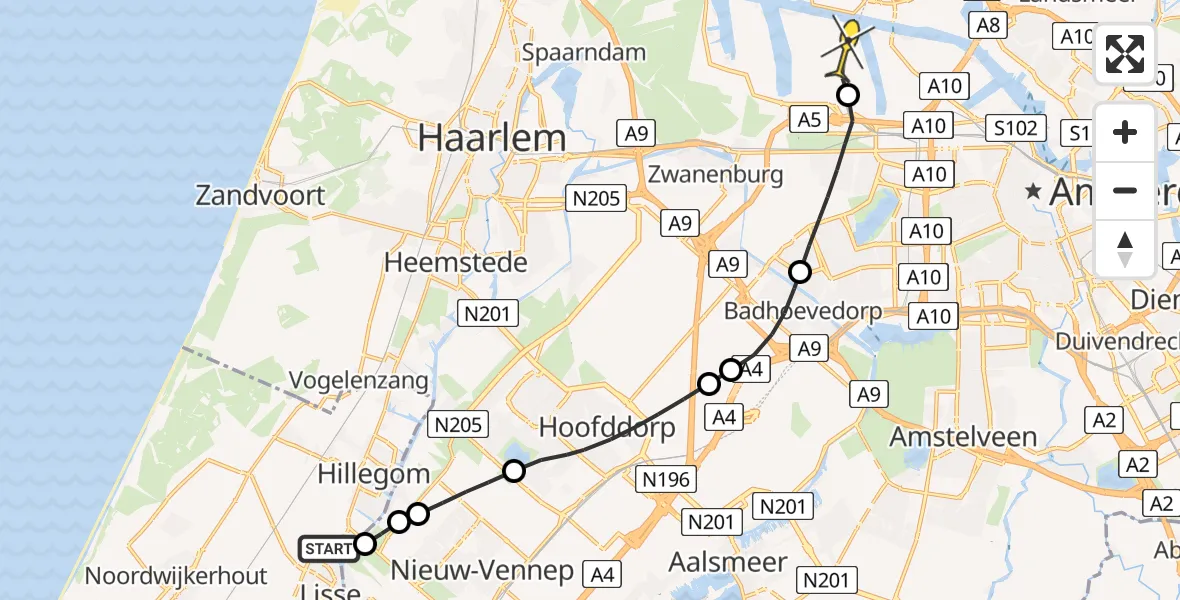 Routekaart van de vlucht: Lifeliner 1 naar Amsterdam Heliport, Hornweg