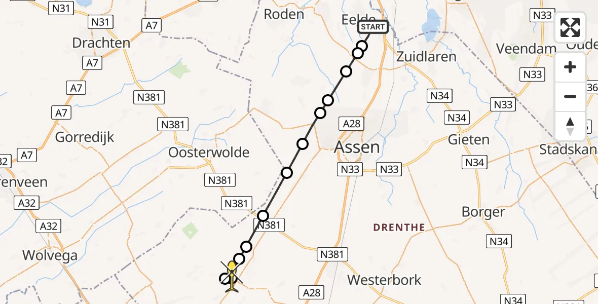 Routekaart van de vlucht: Lifeliner 4 naar Diever, Dieverbrug