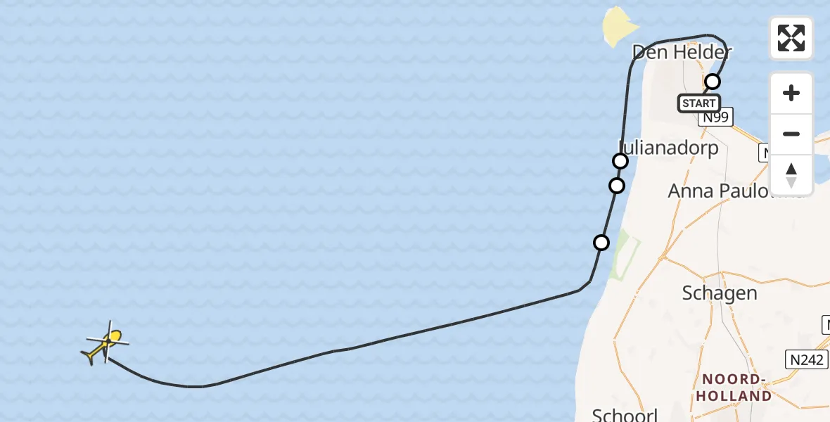 Routekaart van de vlucht: Kustwachthelikopter naar Oostoeverweg