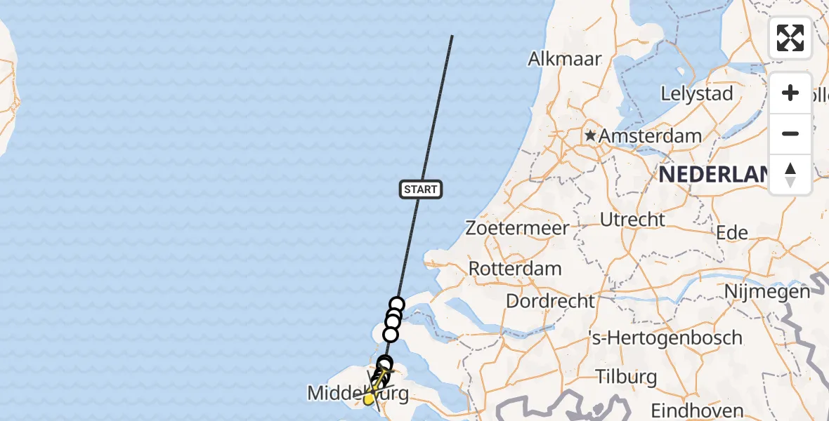 Routekaart van de vlucht: Kustwachthelikopter naar Vliegveld Midden-Zeeland, Schenge