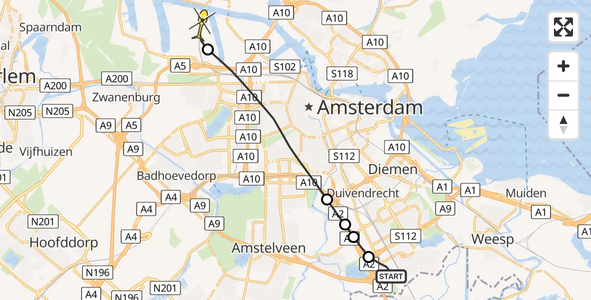 Routekaart van de vlucht: Lifeliner 1 naar Amsterdam Heliport, Hornweg