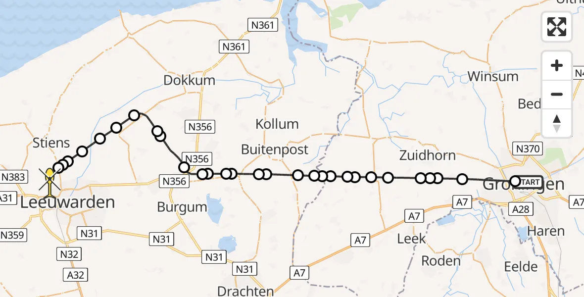 Routekaart van de vlucht: Ambulanceheli naar Vliegbasis Leeuwarden, Keegsdijkje