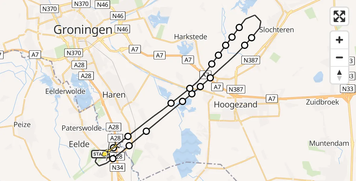 Routekaart van de vlucht: Lifeliner 4 naar Eelde, Burgemeester J.G. Legroweg