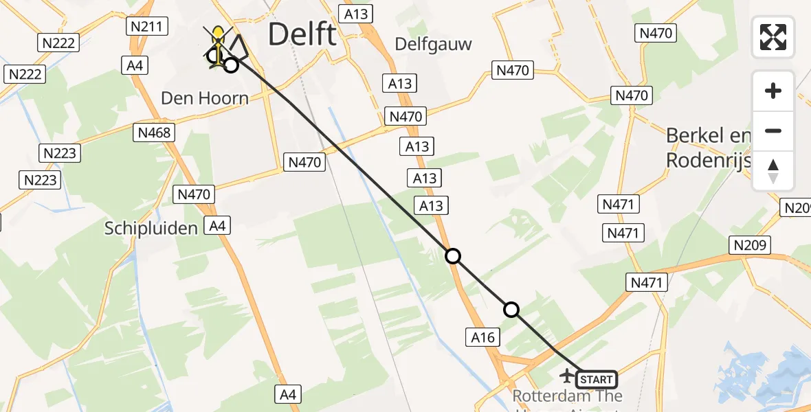 Routekaart van de vlucht: Lifeliner 2 naar Delft, Westblok