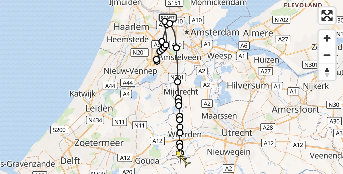 Routekaart van de vlucht: Lifeliner 1 naar Oudewater, Utrechtse straatweg