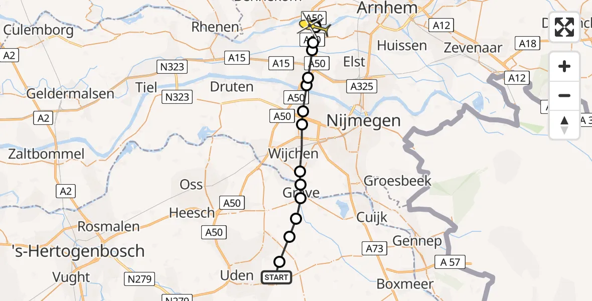 Routekaart van de vlucht: Lifeliner 3 naar Heteren, Drielse Rijndijk