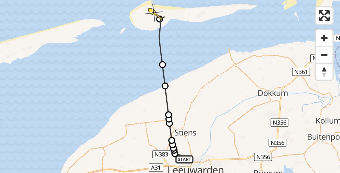 Routekaart van de vlucht: Ambulanceheli naar Ameland Airport Ballum, Strandweg