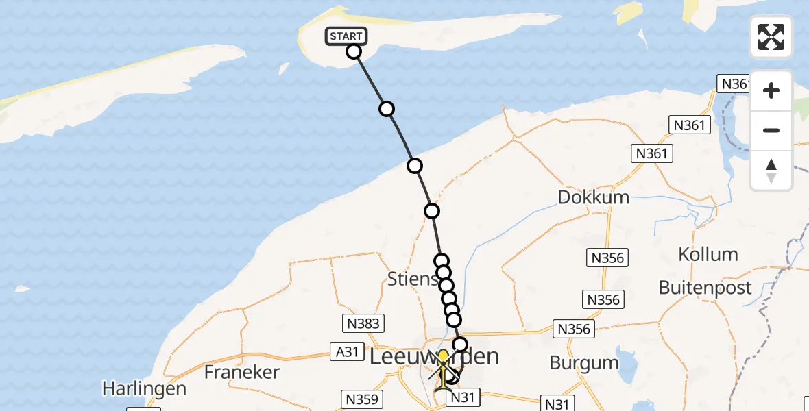 Routekaart van de vlucht: Ambulancehelikopter naar Leeuwarden, Aldlânsdyk