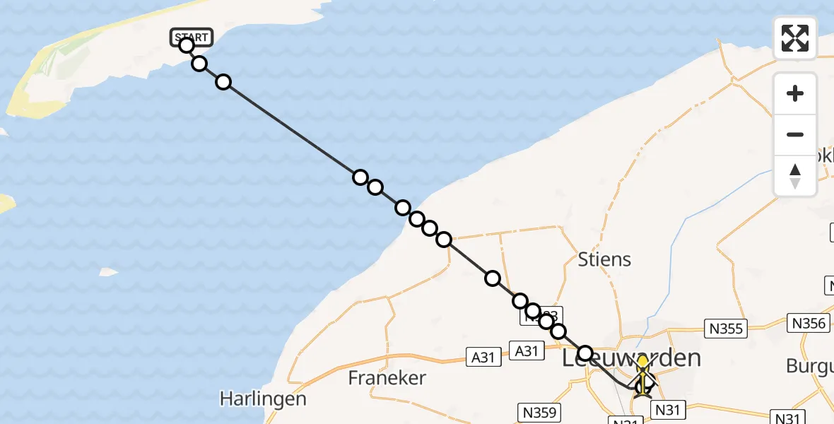 Routekaart van de vlucht: Ambulancehelikopter naar Leeuwarden, Aldlânsdyk