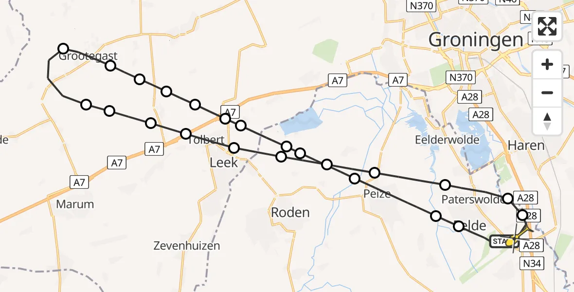 Routekaart van de vlucht: Lifeliner 4 naar Eelde, Burgemeester J.G. Legroweg