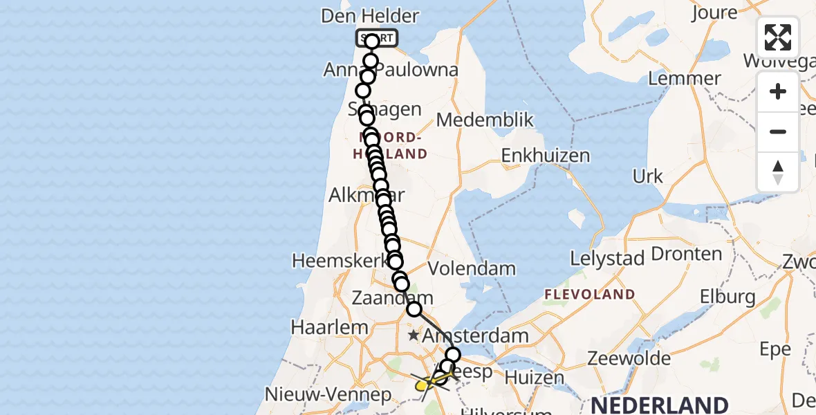 Routekaart van de vlucht: Kustwachthelikopter naar Academisch Medisch Centrum (AMC), Helipad