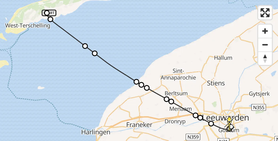 Routekaart van de vlucht: Ambulanceheli naar Leeuwarden, Aldlânsdyk