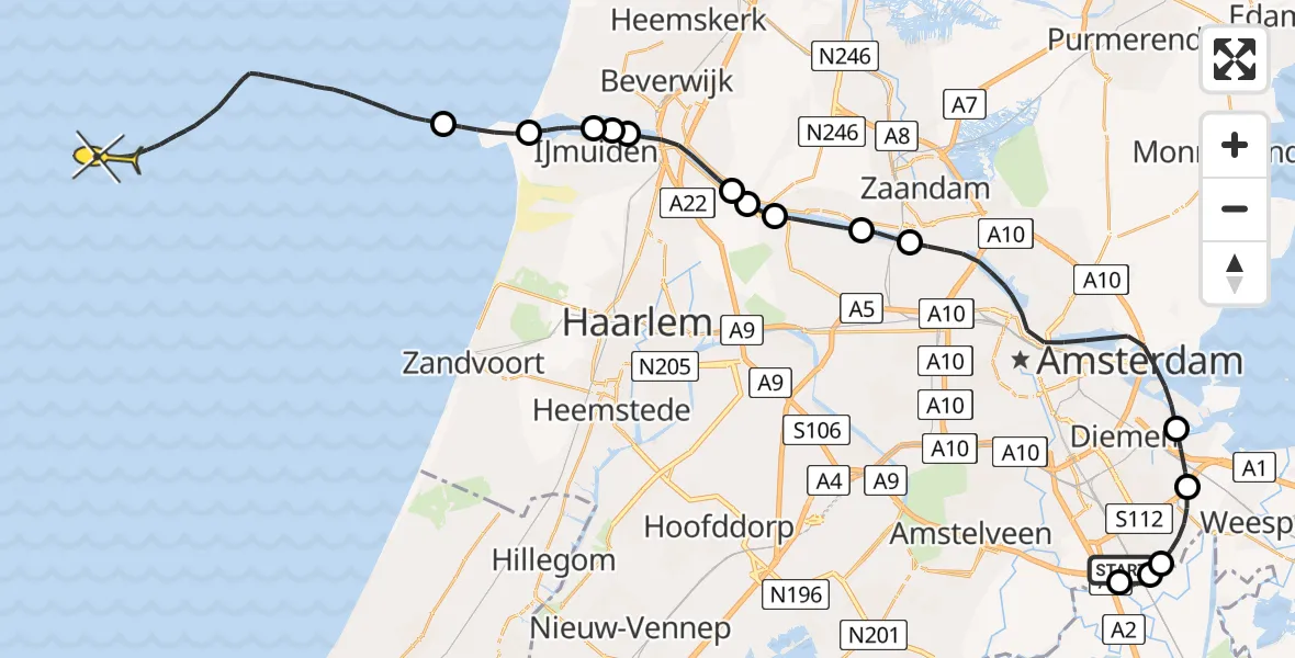 Routekaart van de vlucht: Kustwachthelikopter naar Hollandse Kade
