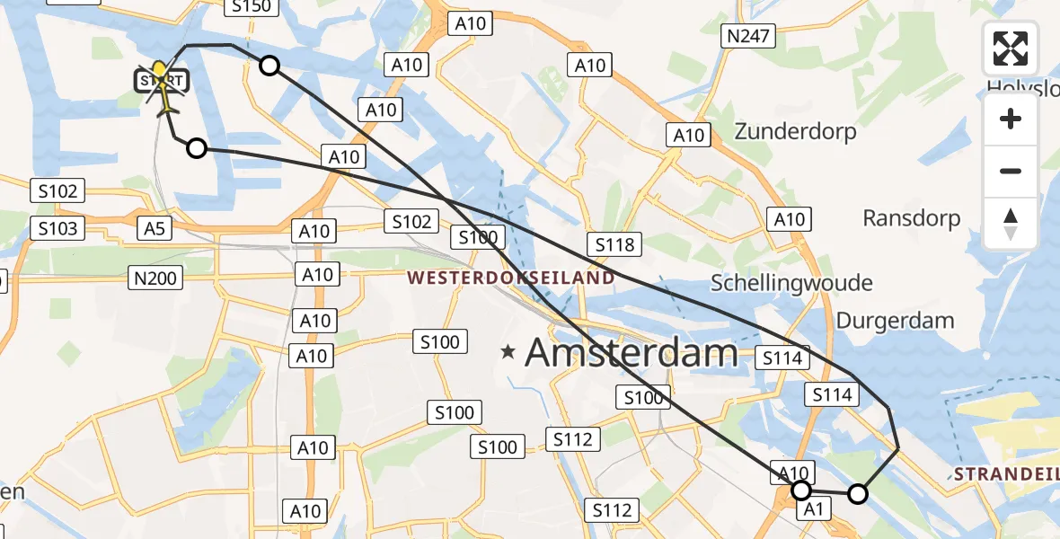 Routekaart van de vlucht: Lifeliner 1 naar Amsterdam Heliport, Hornweg