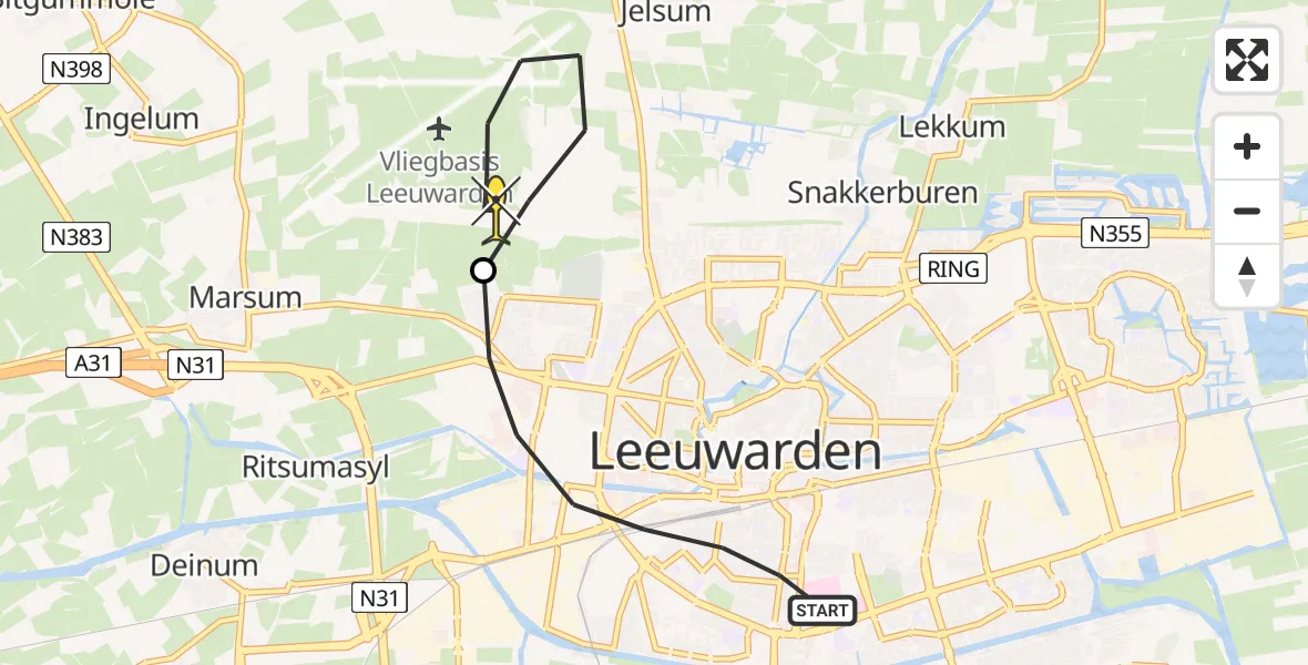 Routekaart van de vlucht: Ambulanceheli naar Vliegbasis Leeuwarden, Keegsdijkje