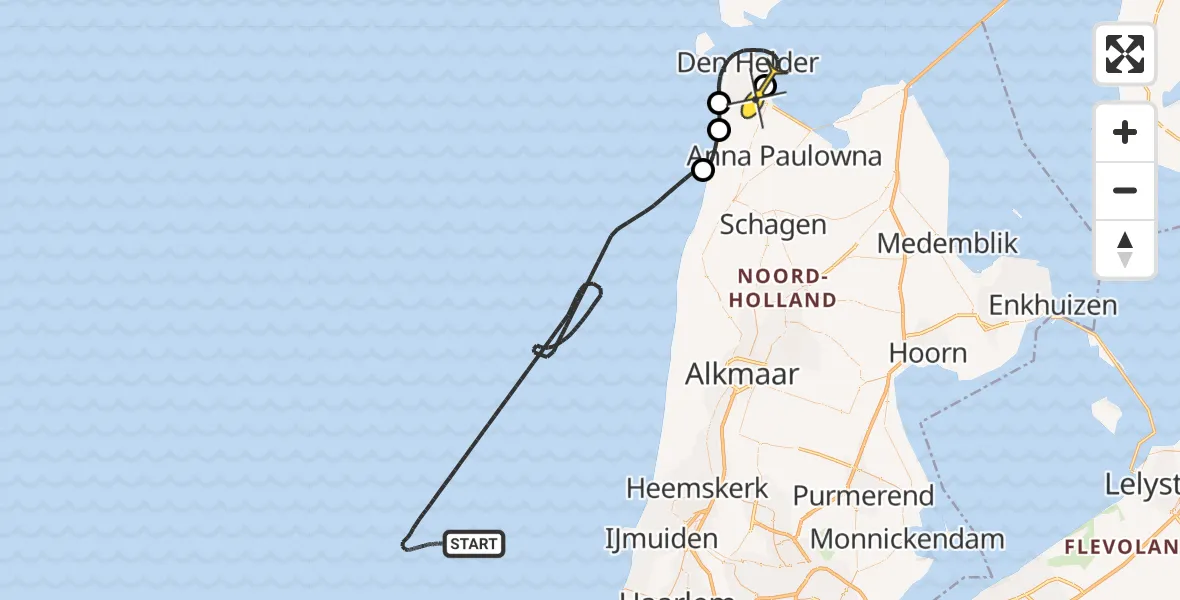 Routekaart van de vlucht: Kustwachthelikopter naar Vliegveld De Kooy, Doggersvaart
