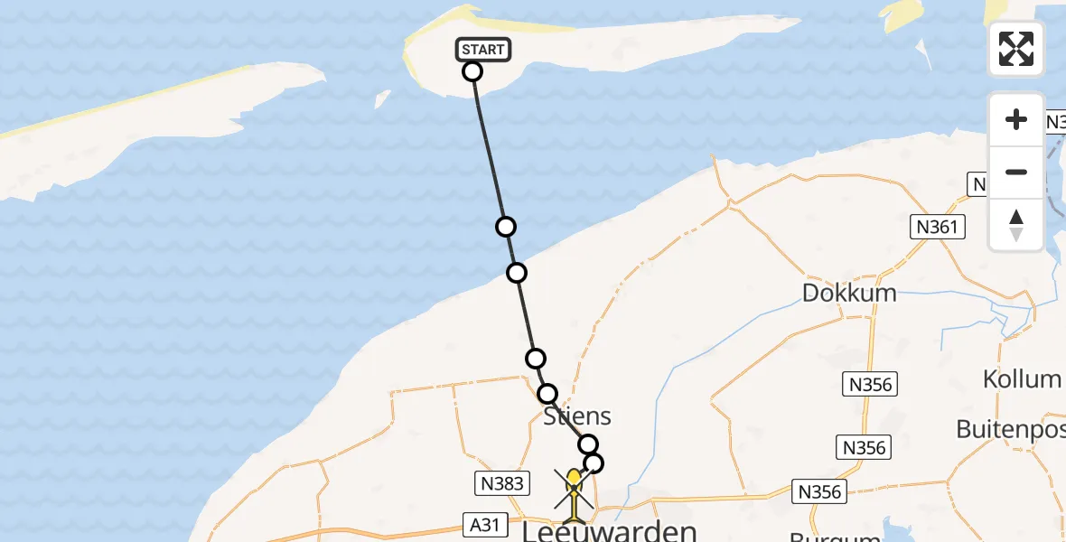 Routekaart van de vlucht: Ambulanceheli naar Vliegbasis Leeuwarden, Keegsdijkje