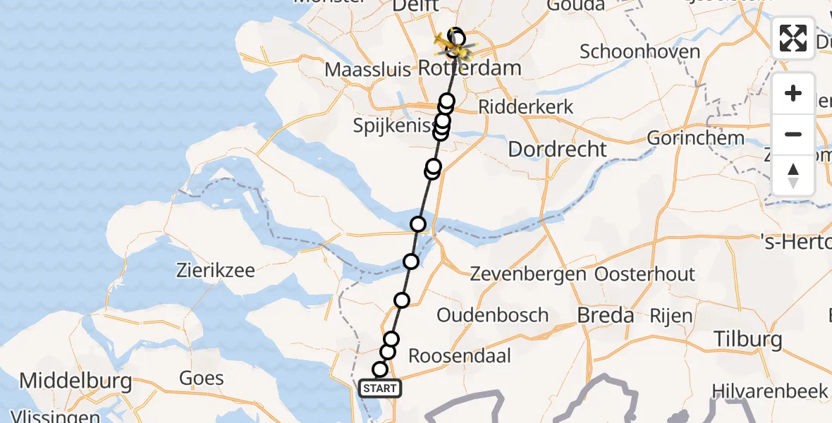 Vluchtroute Traumahelikopter Bergen op Zoom - Rotterdam The Hague Airport, 01 januari 2026, 00:23