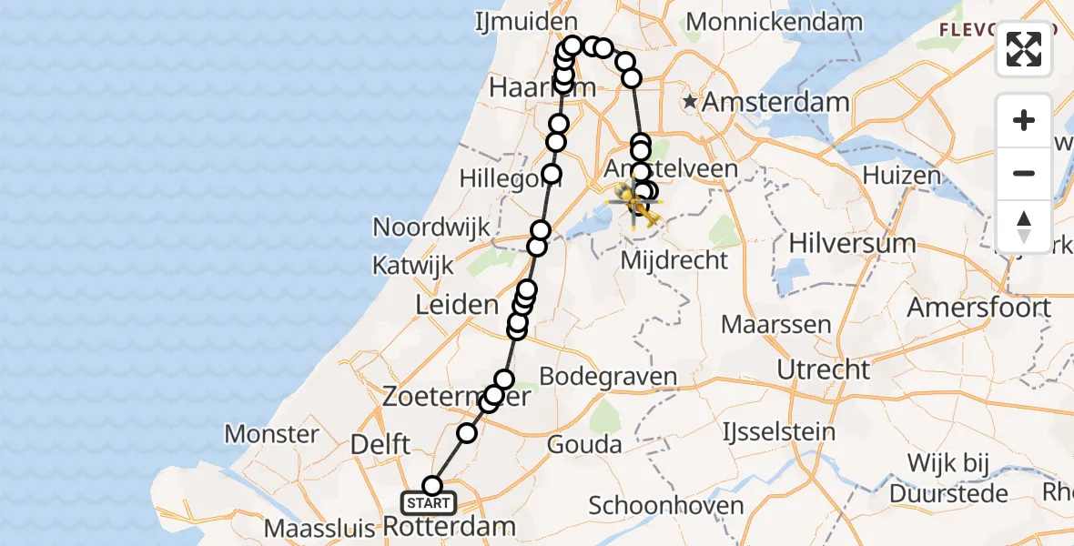 Vluchtroute Traumahelikopter Rotterdam The Hague Airport - Amstelveen, 01 januari 2026, 01:10