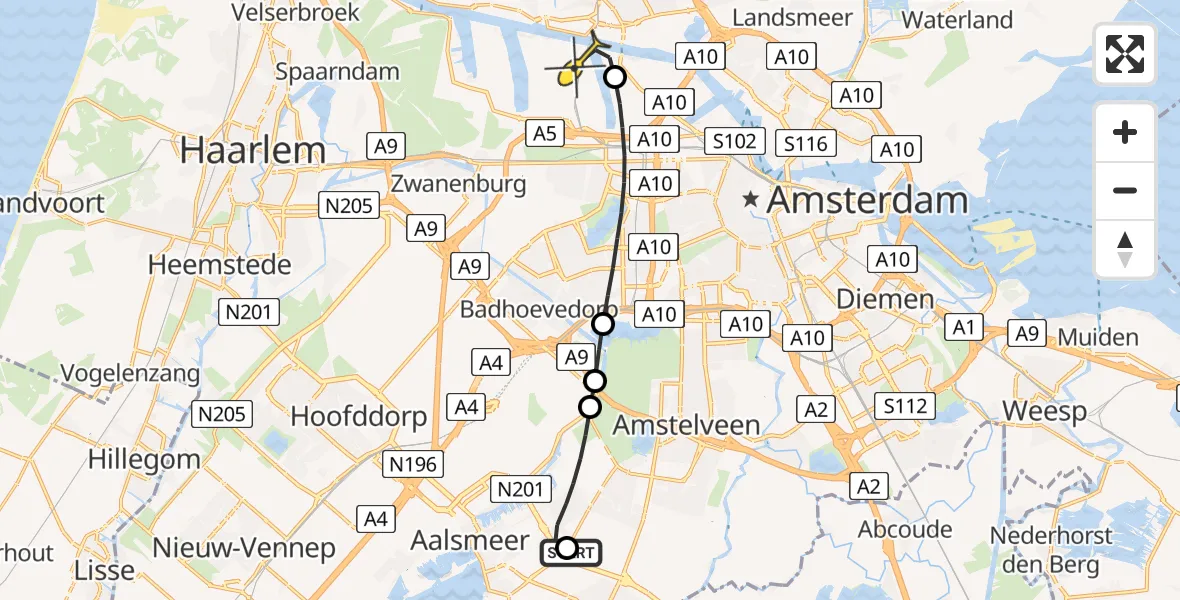 Vluchtroute Traumahelikopter van Amstelveen naar Amsterdam Heliport
