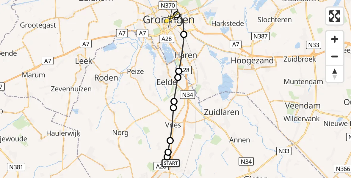 Routekaart van de vlucht: Lifeliner 4 naar Universitair Medisch Centrum Groningen, Poortweg