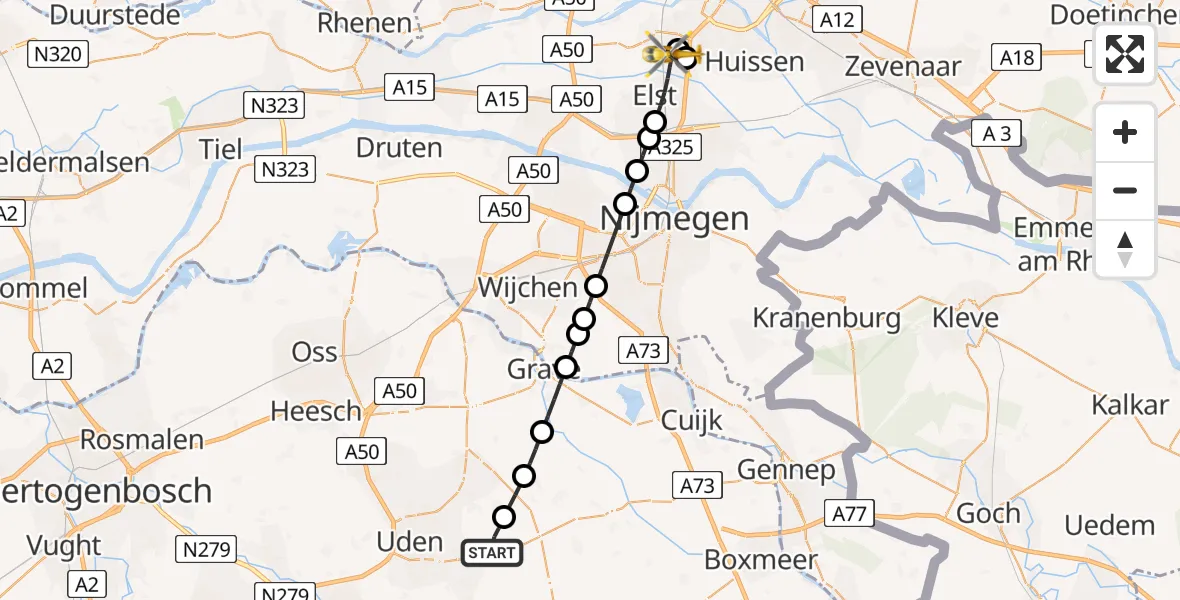 Vluchtroute Traumahelikopter van Vliegbasis Volkel naar Elst