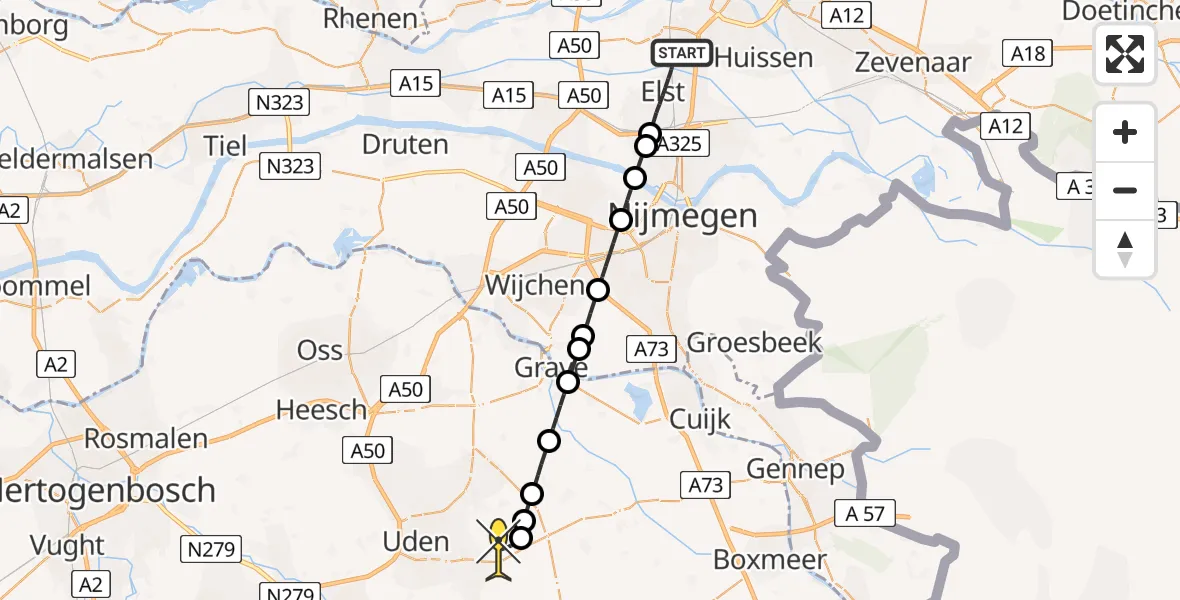 Routekaart van de vlucht: Lifeliner 3 naar Vliegbasis Volkel, Zeelandsedijk