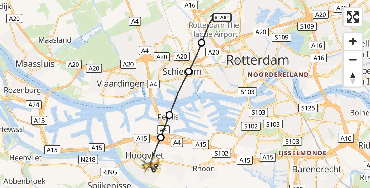 Vluchtroute Traumahelikopter Rotterdam The Hague Airport - Hoogvliet, 01 januari 2026, 09:15