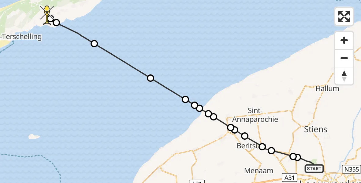 Routekaart van de vlucht: Ambulancehelikopter naar Midsland, Kallandspad