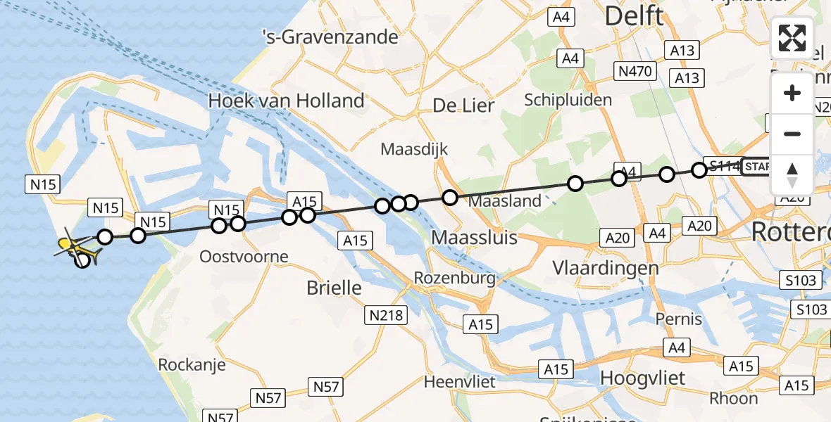 Routekaart van de vlucht: Lifeliner 2 naar Maasvlakte, Slufterstrand oranje