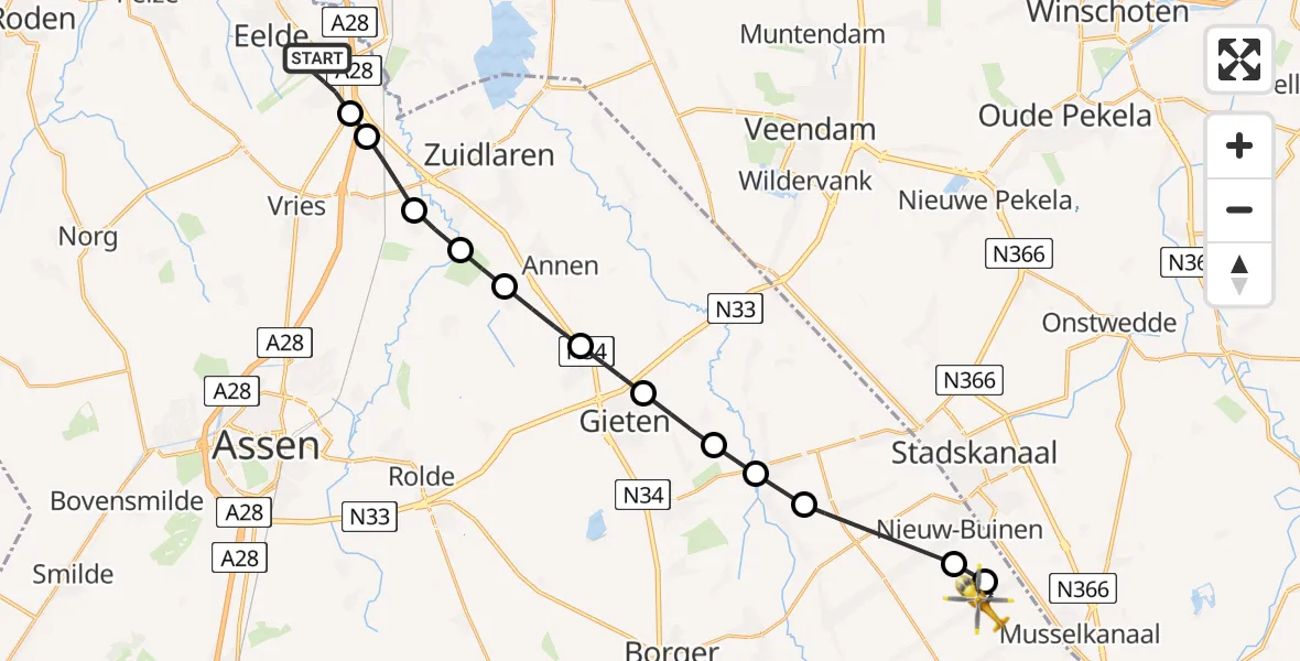 Vluchtroute Traumahelikopter Groningen Airport Eelde - 1e Exloërmond, 01 januari 2026, 12:23