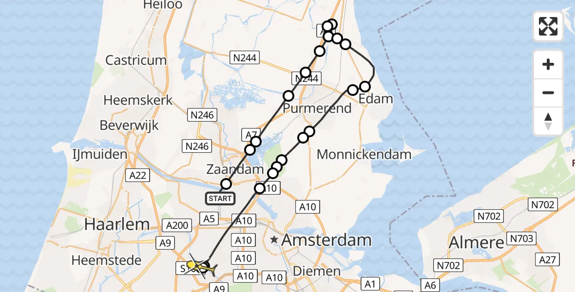 Vluchtroute Traumahelikopter van Amsterdam Heliport naar Badhoevedorp